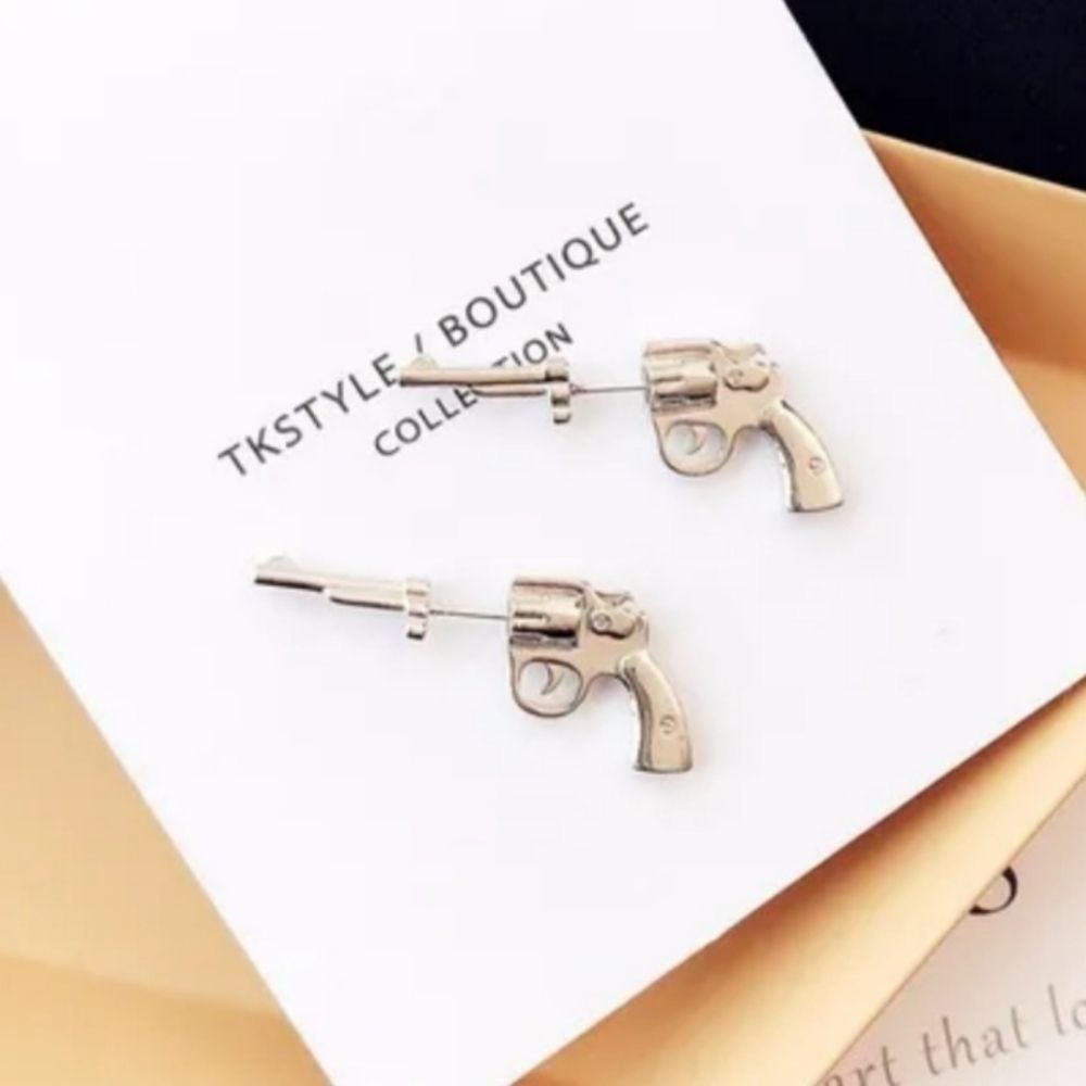 Gold titanium revolver hand Gun drop boho punk earrings new